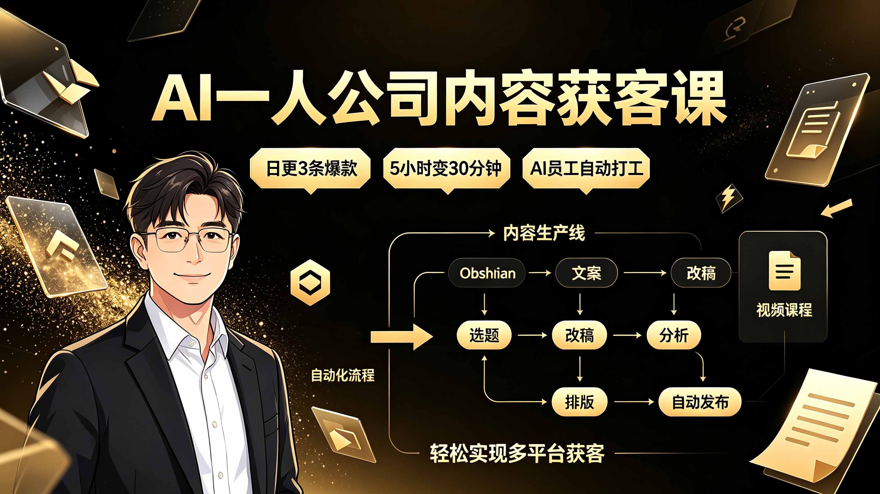 AI一人公司内容获客课：日更3条爆款×5小时变30分钟×AI员工自动打工，轻松实现多平台获客-niguangts