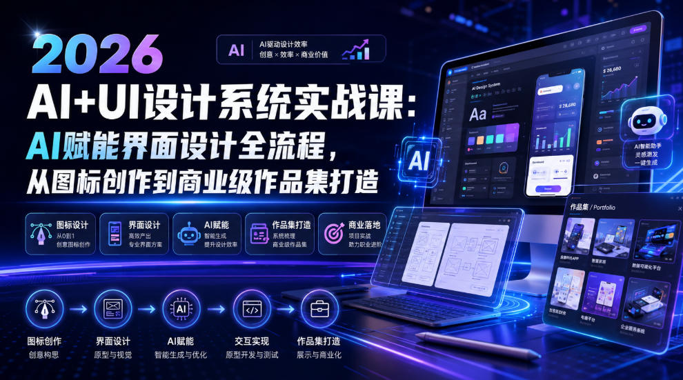 2026 AI+UI设计系统实战课：AI赋能界面设计全流程，从图标创作到商业级作品集打造-niguangts