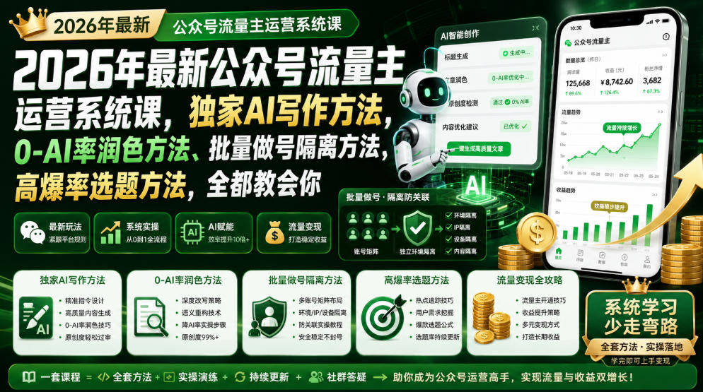2026年最新公众号流量主运营系统课，独家AI写作方法，0-AI率润色方法、批量做号隔离方法、高爆率选题方法，全都教会你-niguangts