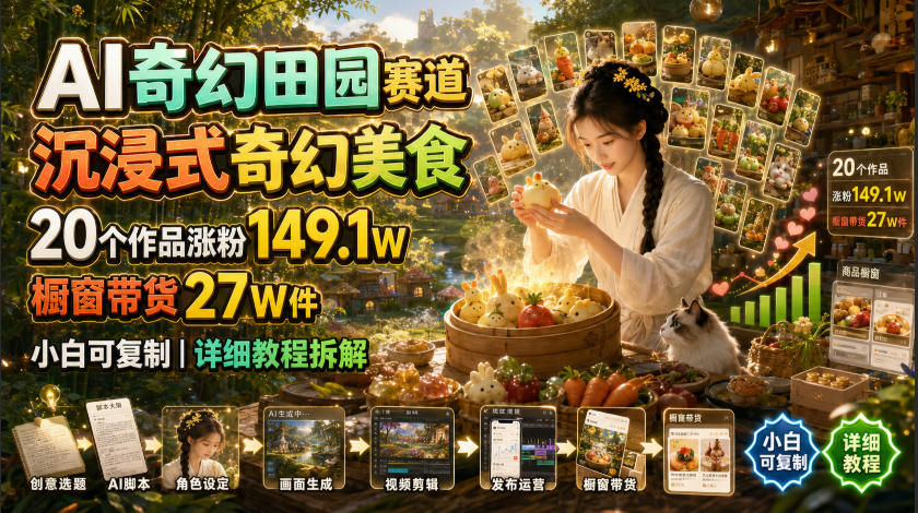 AI奇幻田园赛道，沉浸式奇幻美食，20个作品涨粉149.1W，橱窗带货27W件，小白可复制，详细教程拆解-niguangts