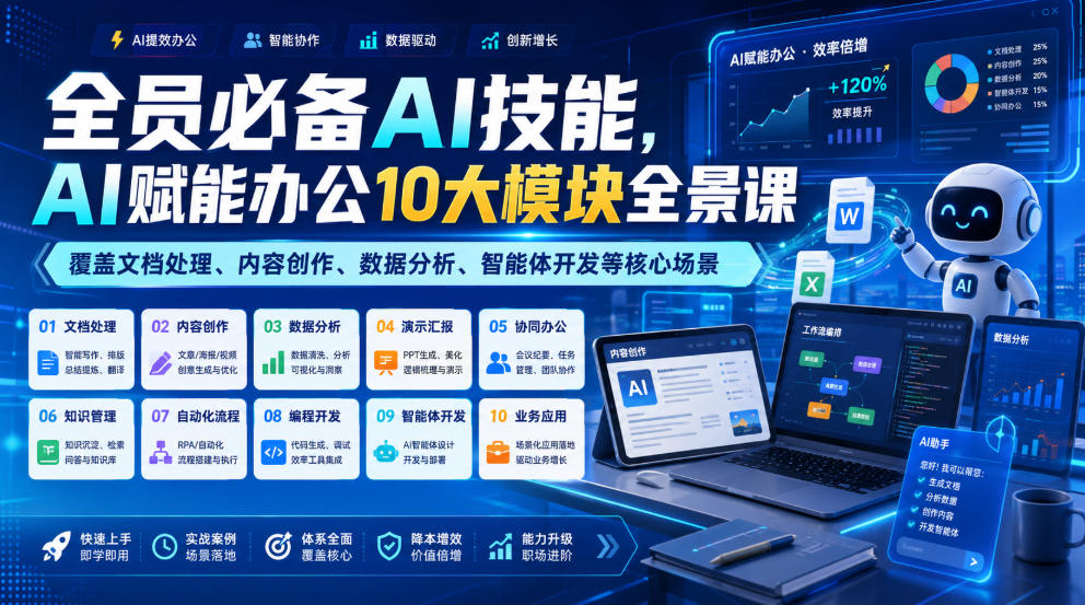全员必备AI技能，AI赋能办公10大模块全景课，覆盖文档处理、内容创作、数据分析、智能体开发等核心场景-niguangts