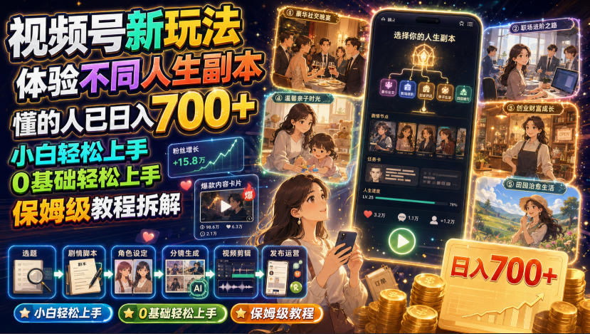 视频号新玩法体验不同人生副本，懂的人已日入700+，小白轻松上手，0基础轻松上手，保姆级教程拆解-niguangts