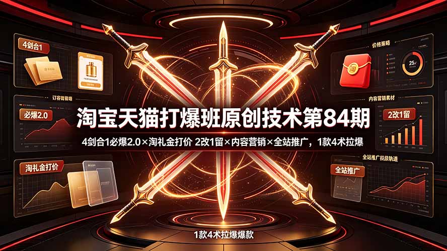 淘宝天猫打爆班原创技术第84期：4剑合1必爆2.0×淘礼金打价×2改1留×内容营销×全站推广，1款4术拉爆-niguangts