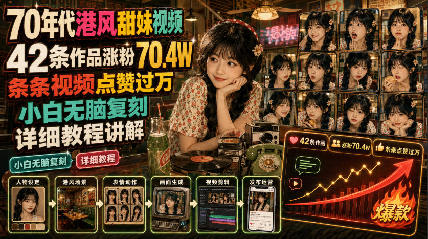 70年代港风甜妹视频，42条作品涨粉70.4W，条条视频点赞过万，小白无脑复刻，详细教程讲解-niguangts