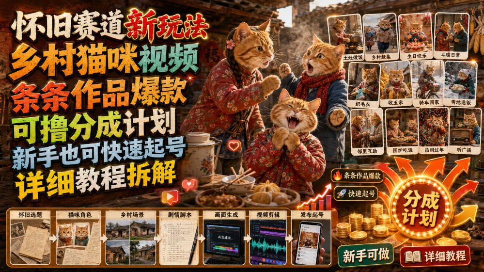 怀旧赛道新玩法，乡村猫咪视频，条条作品爆款，可撸分成计划，新手也可快速起号，详细教程拆解-niguangts