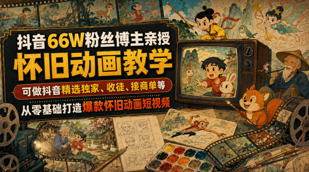 抖音66W粉丝博主亲授怀旧动画教学，可做抖音精选独家、收徒、接商单等，从零基础打造爆款怀旧动画短视频-niguangts