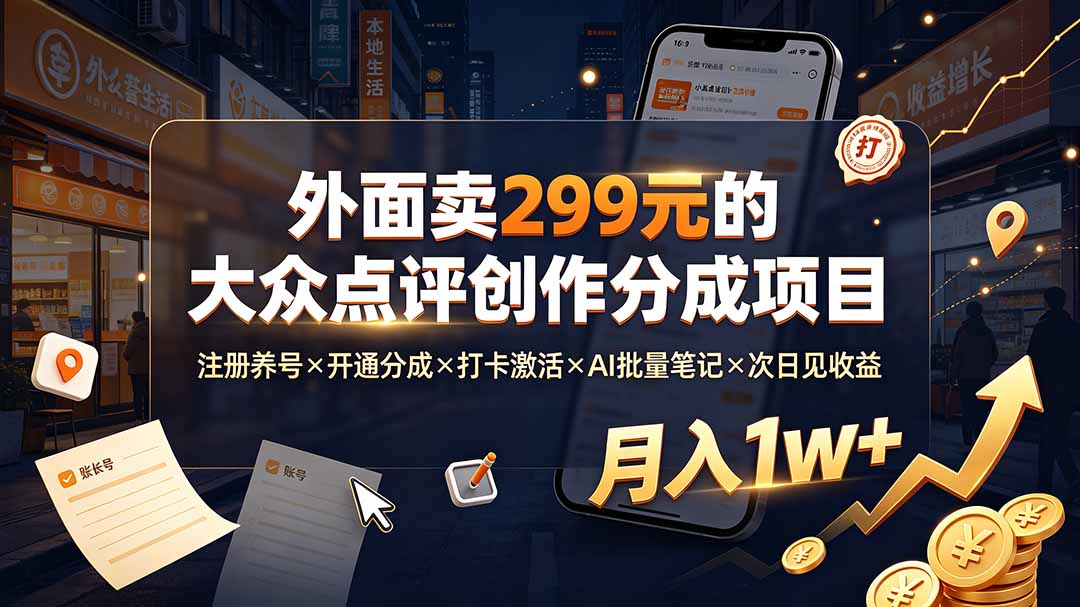 外面卖299元的大众点评创作分成项目：注册养号×开通分成×打卡激活×AI批量笔记×次日见收益，月入1w+-niguangts
