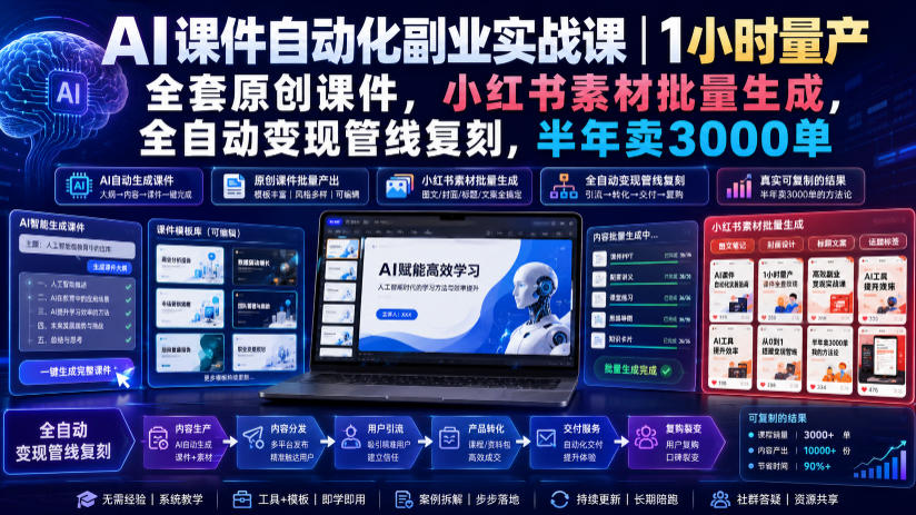 AI课件自动化副业实战课｜1小时量产全套原创课件，小红书素材批量生成，全自动变现管线复刻，半年卖3000单-niguangts