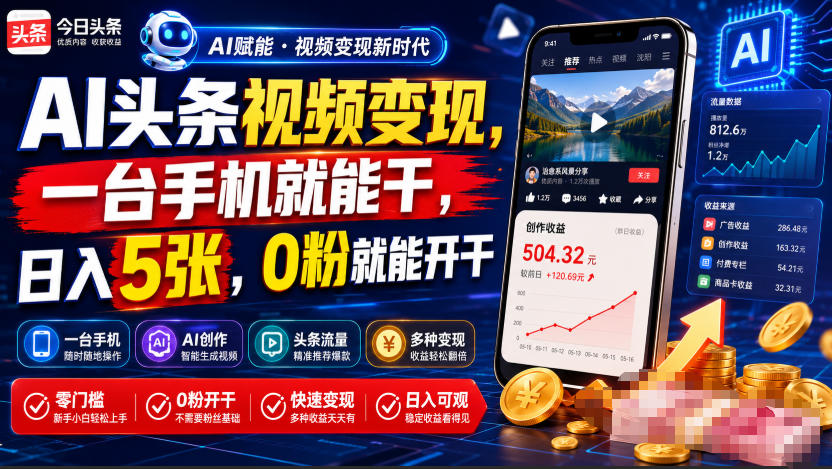 AI头条视频变现，一台手机就能干，日入5张，0粉就能开干-niguangts
