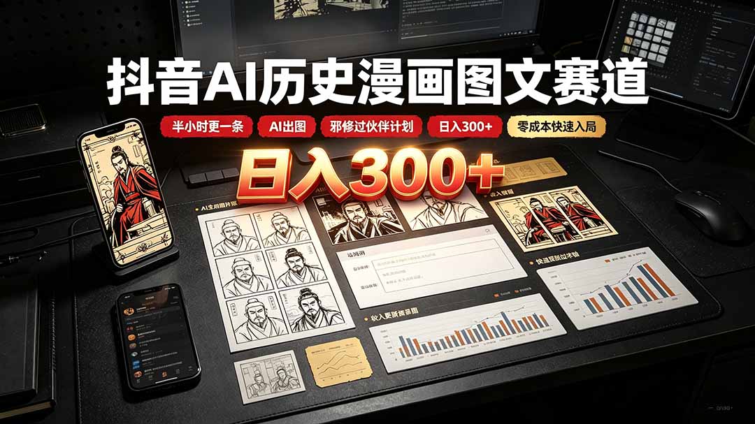 抖音AI历史漫画图文赛道：半小时更一条×AI出图×邪修过伙伴计划×日入300+，零成本快速入局-niguangts