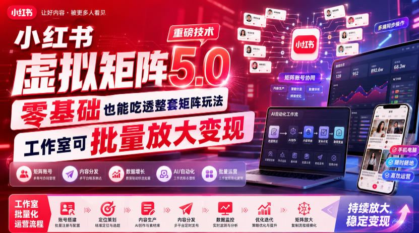 小红书虚拟矩阵5.0重磅技术，零基础也能吃透整套矩阵玩法，工作室可批量放大变现-niguangts