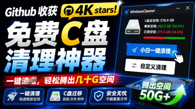 Github收获4K stars！免费C盘清理神器，轻松腾出几十G空间，支持C盘迁移Windows Cleaner-niguangts