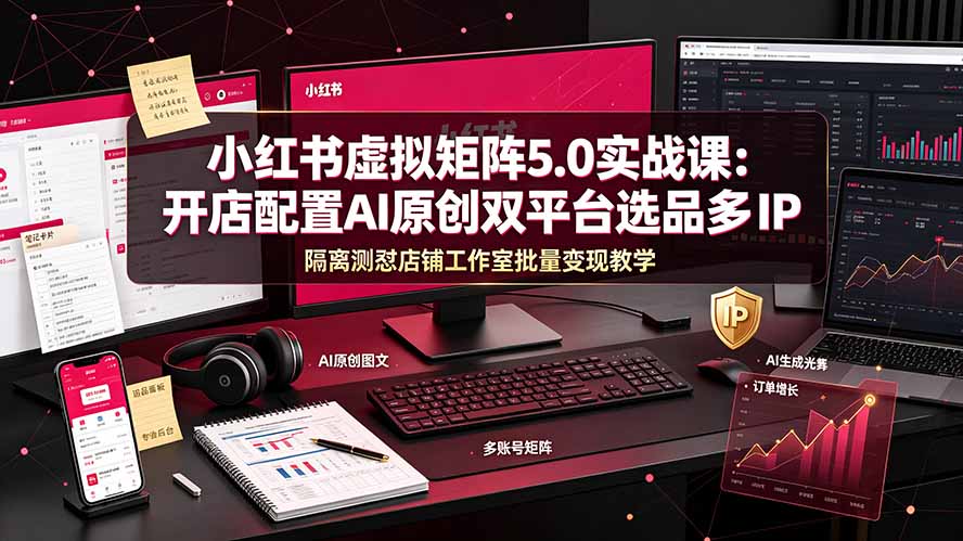 小红书虚拟矩阵5.0实战课：开店配置｜AI原创｜双平台选品｜多IP隔离｜测怼店铺工作室批量变现实操教学-niguangts