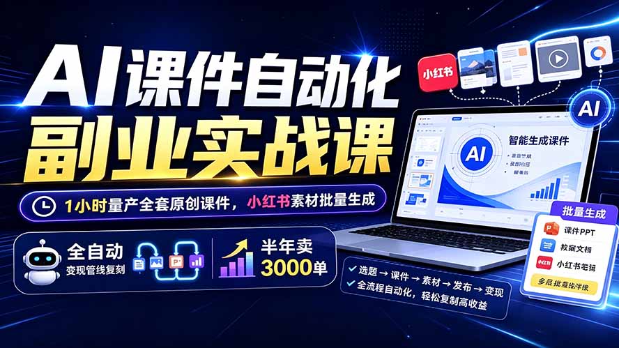 AI课件自动化副业实战课：1小时量产全套原创课件×小红书素材批量生成×全自动变现管线×半年卖3000单-niguangts