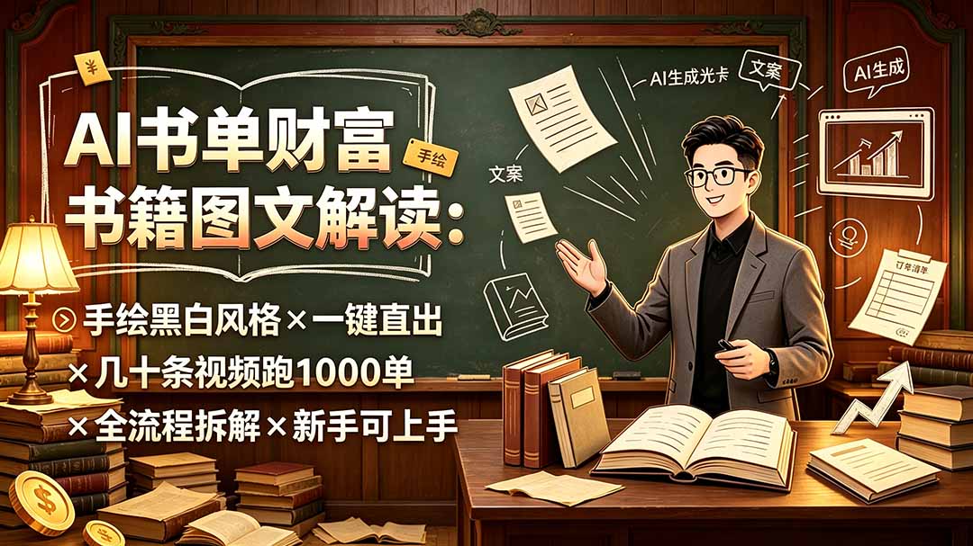 AI书单财富书籍图文解读：手绘黑白风格×一键直出×几十条视频跑1000单×全流程拆解×新手可上手-niguangts
