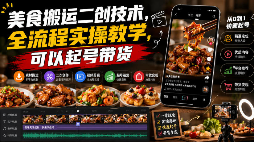 美食搬运二创技术，全流程实操教学，可以起号带货-niguangts