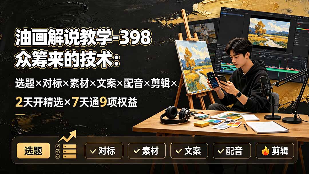 油画解说教学-398众筹来的技术：选题×对标×素材×文案×配音×剪辑×2天开精选×7天通9项权益-niguangts