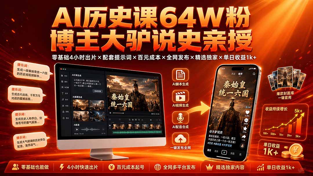 AI历史课64W粉博主大驴说史亲授：零基础4小时出片×配套提示词×百元成本×全网发布×精选独家×单日收益1k+-niguangts