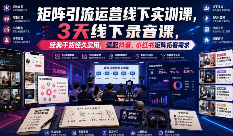 嗨推矩阵引流运营线下实训课，3天线下录音课，经典干货经久实用，适配抖音、小红书矩阵拓客需求-niguangts