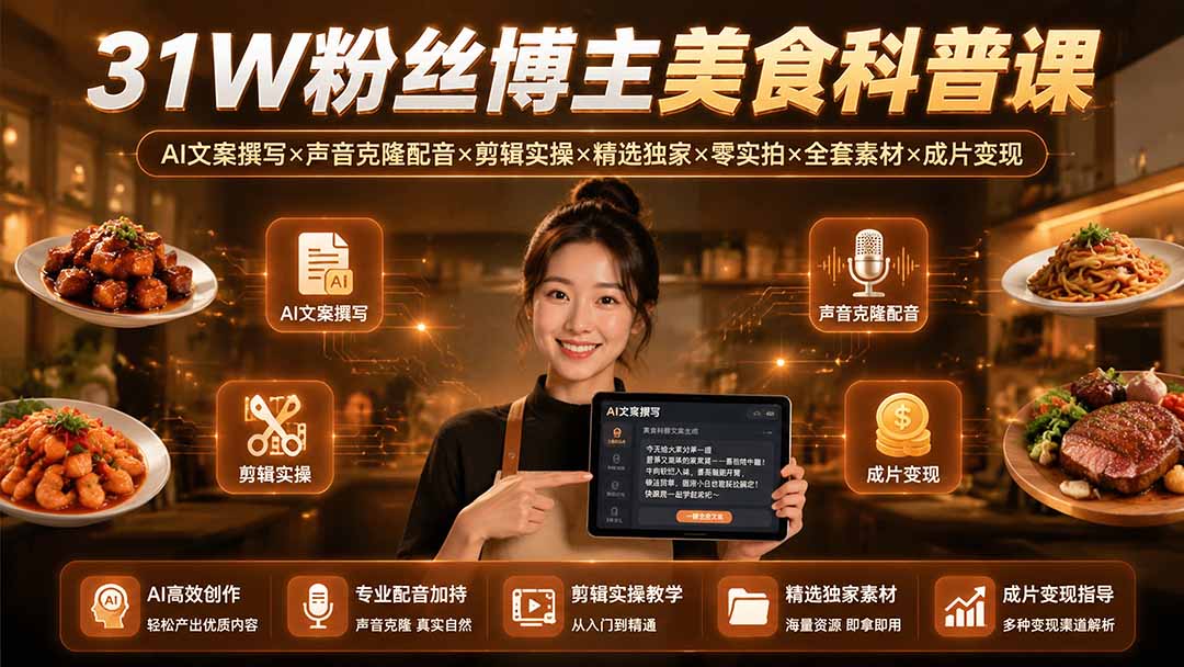 31W粉丝博主美食科普课：AI文案撰写×声音克隆配音×剪辑实操×精选独家×零实拍×全套素材×成片变现-niguangts