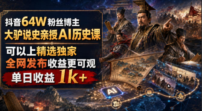 抖音64W粉丝博主大驴说史亲授AI历史课，可以上精选独家，全网发布收益更可观，单日收益1k+-niguangts