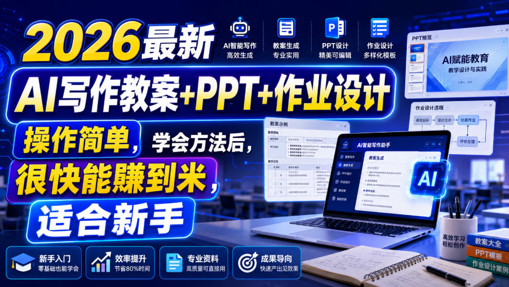 2026最新AI写作教案+PPT+作业设计，操作简单，学会方法后，很快能賺到米，适合新手-niguangts
