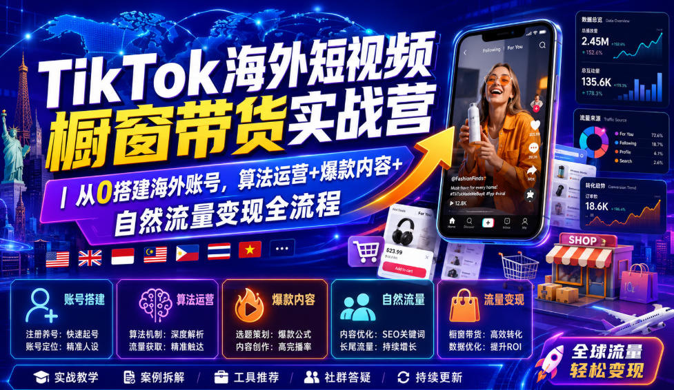 TikTok海外短视频橱窗带货实战营｜从0搭建海外账号，算法运营+爆款内容+自然流量变现全流程-niguangts