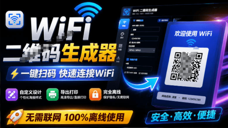 完全离线使用！WiFi二维码生成器，一键扫码快速连接WiFi，支持自定义风格导出WiFi二维码生成器-niguangts