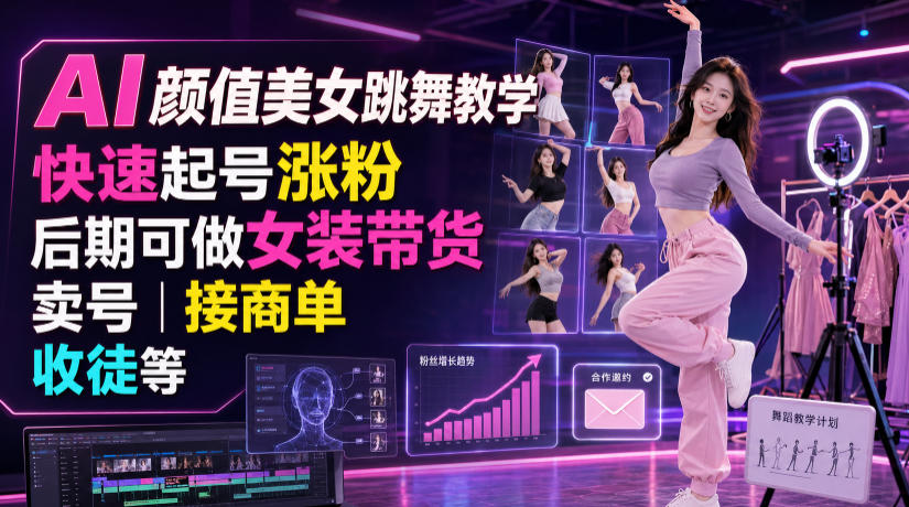 AI颜值美女跳舞教学，快速起号涨粉，后期可做女装带货，卖号，接商单，收徒等-niguangts
