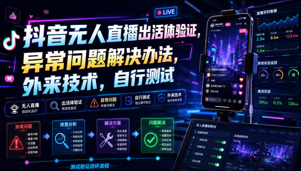 抖音无人直播出活体验证，异常问题解决办法，外来技术，自行测试-niguangts
