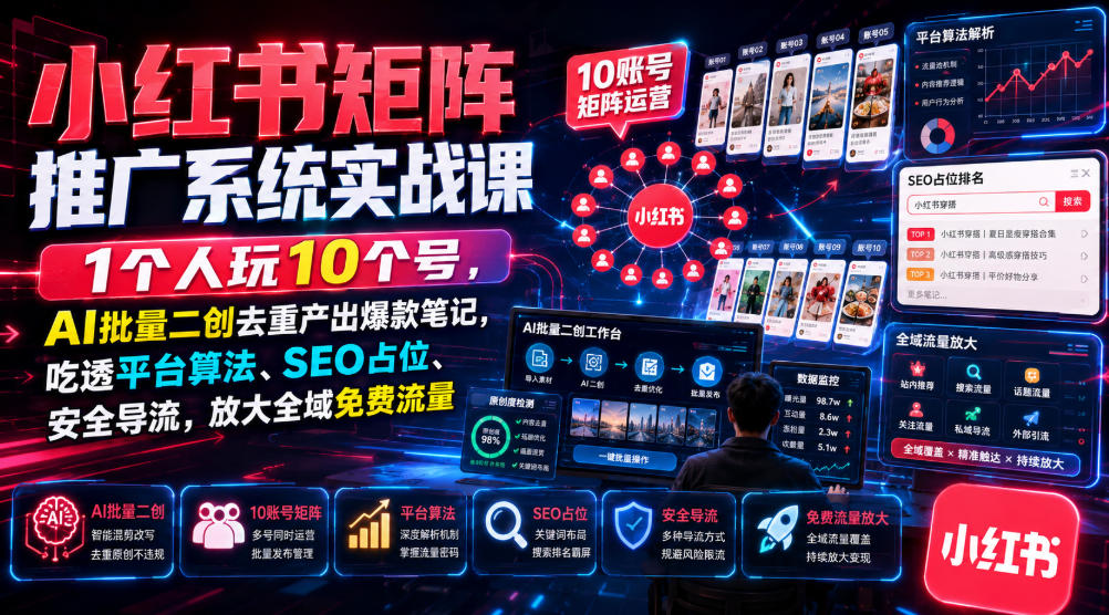 小红书矩阵推广系统实战课｜1个人玩10个号，AI批量二创去重产出爆款笔记，吃透平台算法、SEO占位、安全导流，放大全域免费流量-niguangts