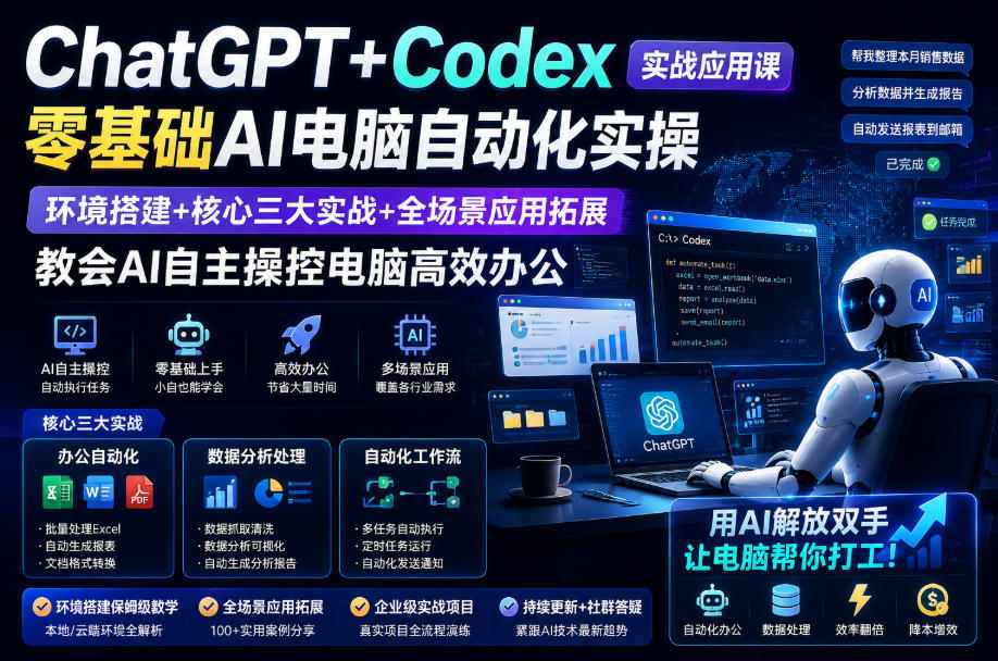 ChatGPT+Codex实战应用课｜零基础AI电脑自动化实操，环境搭建+核心三大实战+全场景应用拓展，教会AI自主操控电脑高效办公-niguangts