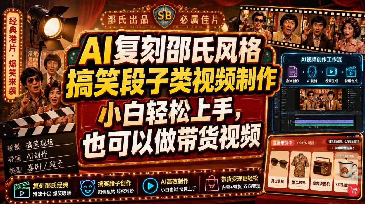AI复刻邵氏风格搞笑段子类视频制作，小白轻松上手，也可以做带货视频-niguangts