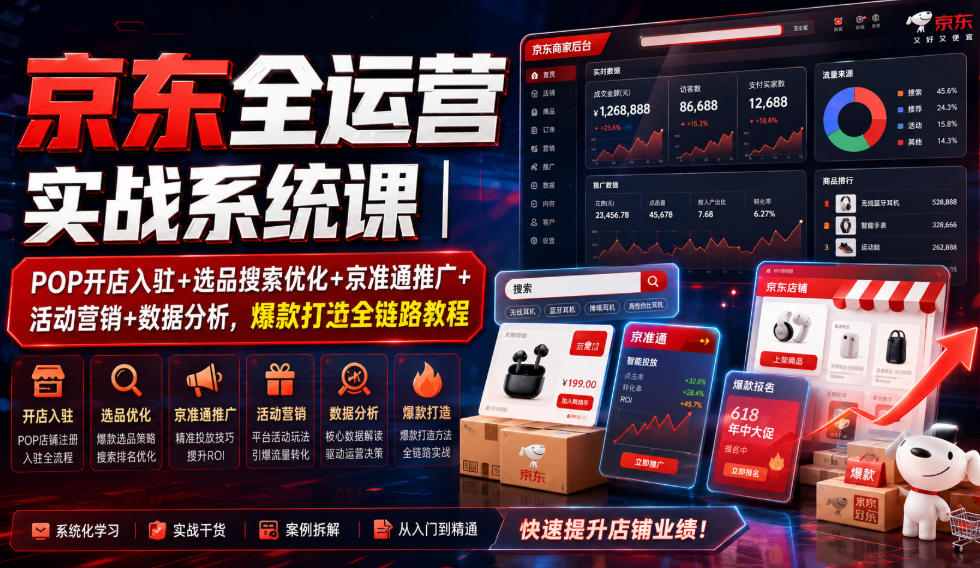 京东全运营实战系统课｜POP开店入驻+选品搜索优化+京准通推广+活动营销+数据分析，爆款打造全链路教程-niguangts