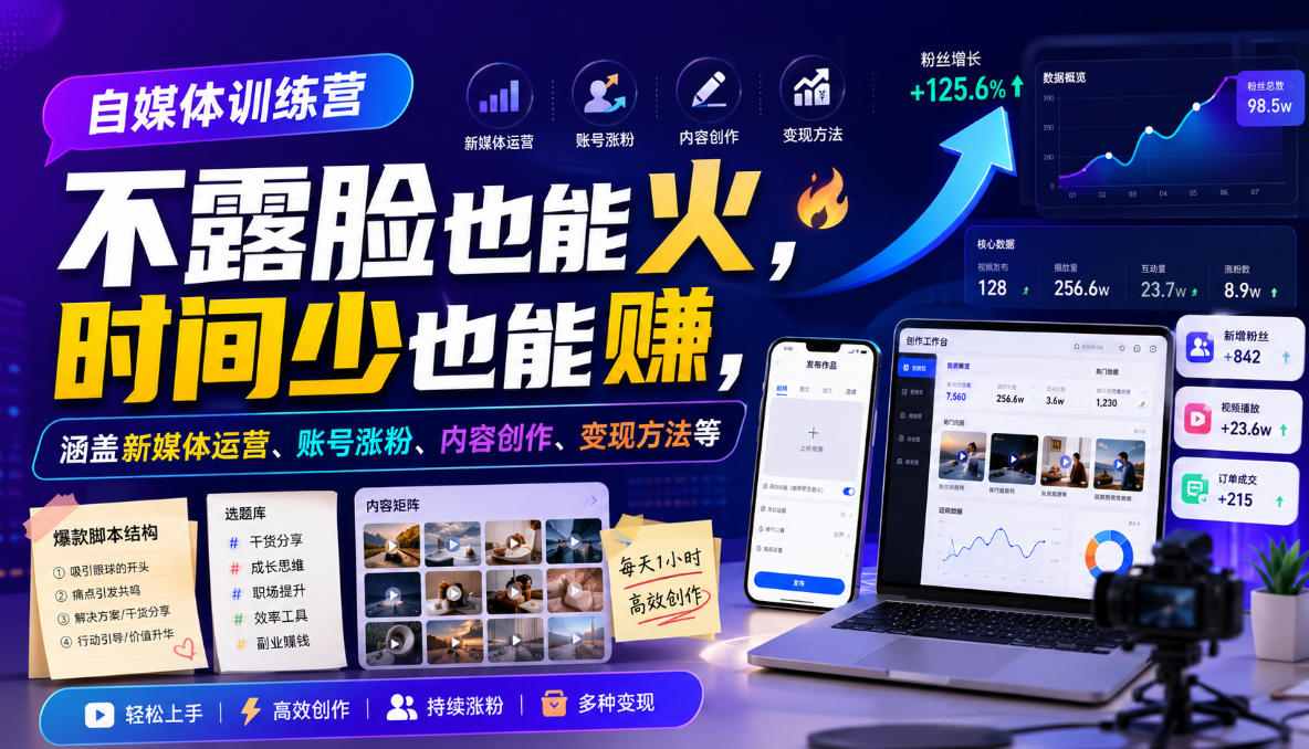 自媒体训练营，不露脸也能火，时间少也能賺，涵盖新媒体运营、账号涨粉、内容创作、变现方法等-niguangts