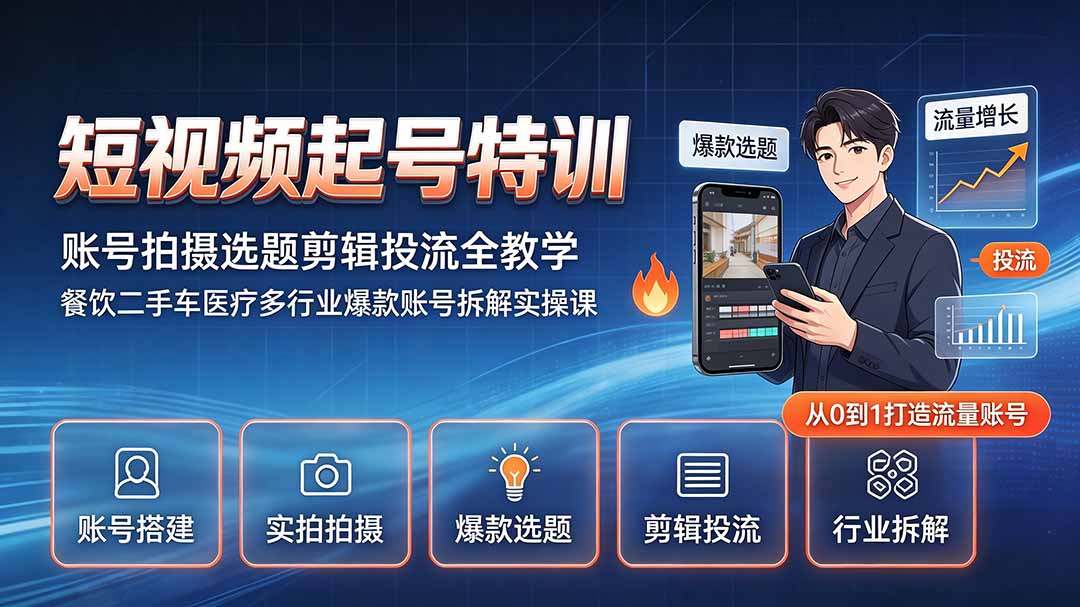 短视频起号特训｜账号拍摄选题剪辑投流全教学，餐饮二手车医疗多行业爆款账号拆解实操课-niguangts