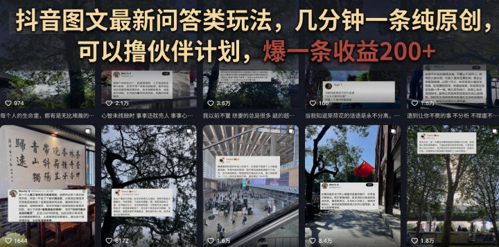 抖音图文最新问答类玩法，几分钟一条纯原创，可以撸伙伴计划，爆一条收益200+-niguangts