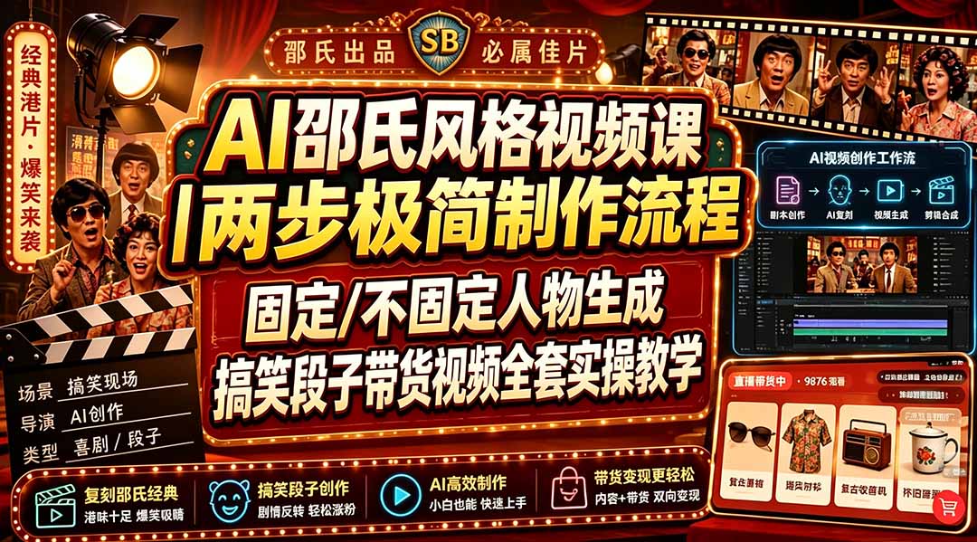 AI邵氏风格视频课｜两步极简制作流程，固定/不固定人物生成，搞笑段子带货视频全套实操教学-niguangts