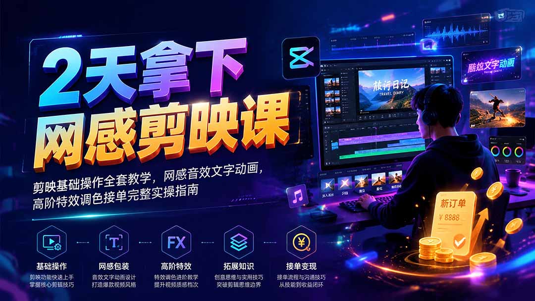 2天拿下网感剪辑课｜剪映基础操作全套教学，网感音效文字动画，高阶特效调色接单完整实操指南-niguangts