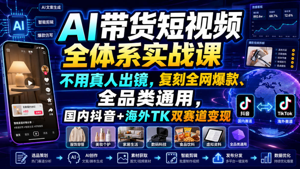 AI带货短视频全体系实战课，不用真人出镜，复刻全网爆款、全品类通用，国内抖音+海外TK双赛道变现-niguangts