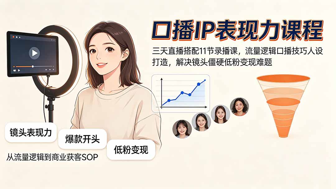 口播IP表现力课程｜三天直播搭配11节录播课，流量逻辑口播技巧人设打造，解决镜头僵硬低粉变现难题-niguangts