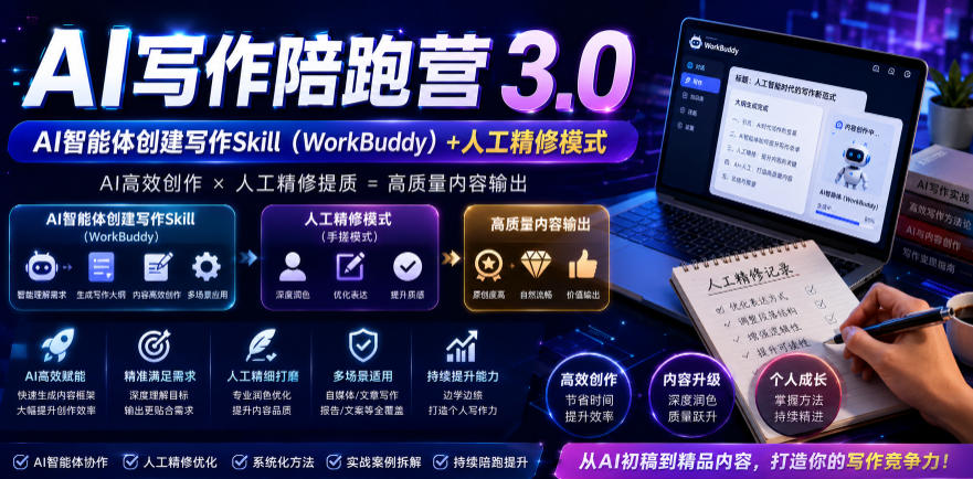 AI写作陪跑营3.0，Ai智能体创建写作skill(workbuddy)+人工手写模式(手搓模式)，去除AI痕迹(头条号、公众号、百家号)(更新0730)-niguangts