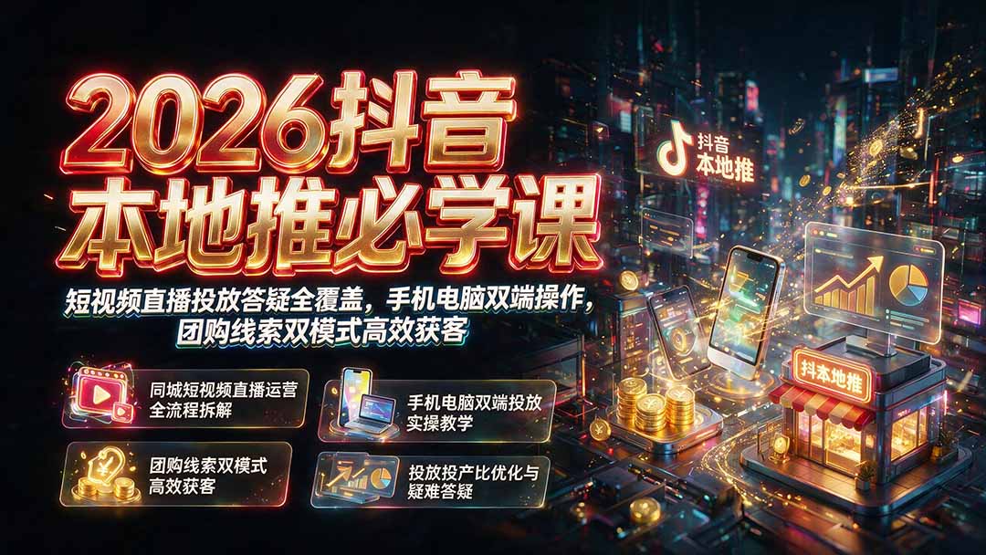 2026抖音本地推必学课｜短视频直播投放答疑全覆盖，手机电脑双端操作，团购线索双模式高效获客-niguangts