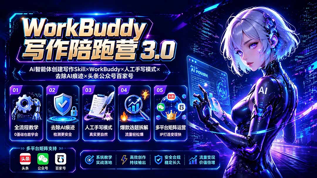 WorkBuddy写作陪跑营3.0-更新：Ai智能体创建写作Skill×WorkBuddy×人工手写模式×去除AI痕迹×头条公众号百家号-niguangts