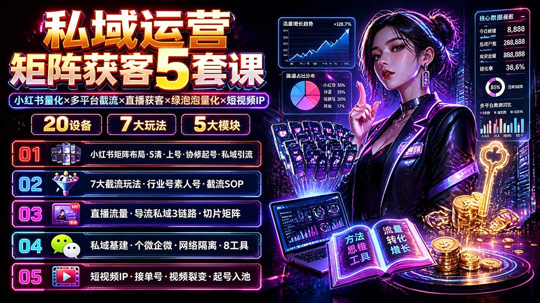 私域运营矩阵获客5套课：小红书量化×多平台截流×直播获客×绿泡泡量化×短视频IP×20设备×7大玩法-niguangts