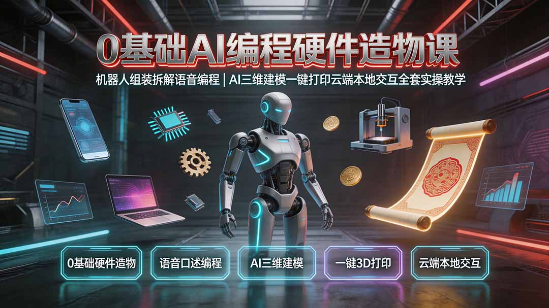 0基础AI编程硬件造物课｜机器人组装拆解语音编程，AI三维建模一键打印云端本地交互全套实操教学-niguangts