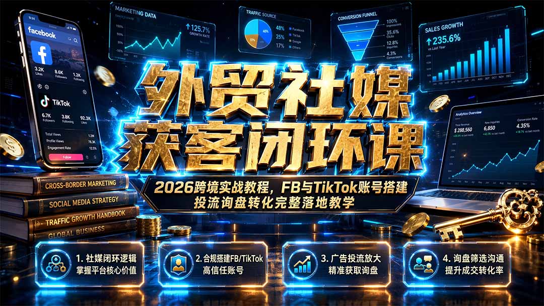 外贸社媒获客闭环课｜2026跨境实战教程，FB与TikTok账号搭建投流询盘转化完整落地教学-niguangts