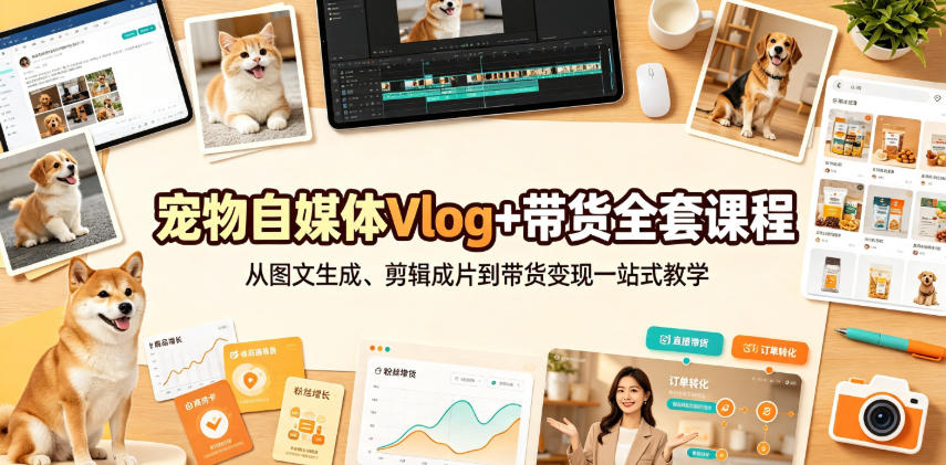 宠物自媒体Vlog+带货全套课程｜从图文生成、剪辑成片到带货变现一站式教学-niguangts