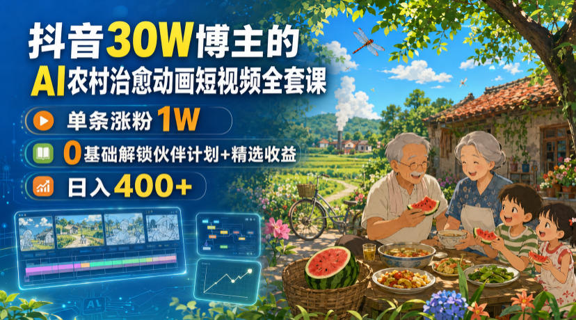 抖音30W博主的AI农村治愈动画短视频全套课｜单条涨粉1W，0基础解锁伙伴计划+精选收益，日入400+-niguangts