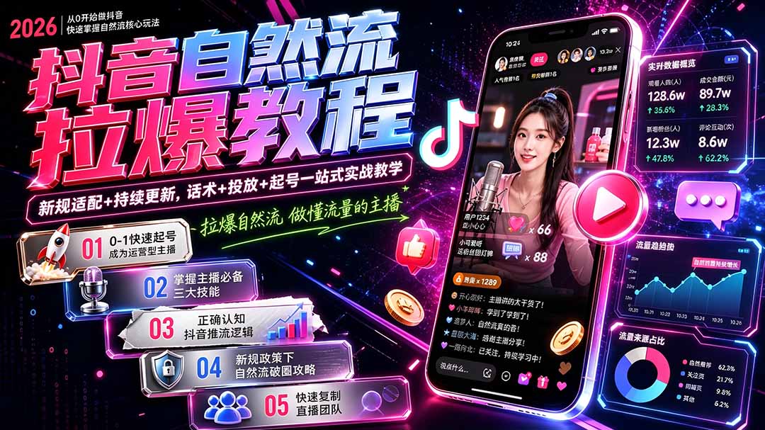 抖音自然流拉爆教程-更新7月：做懂流量的主播，新规适配+持续更新，话术+投放+起号一站式实战教学-niguangts